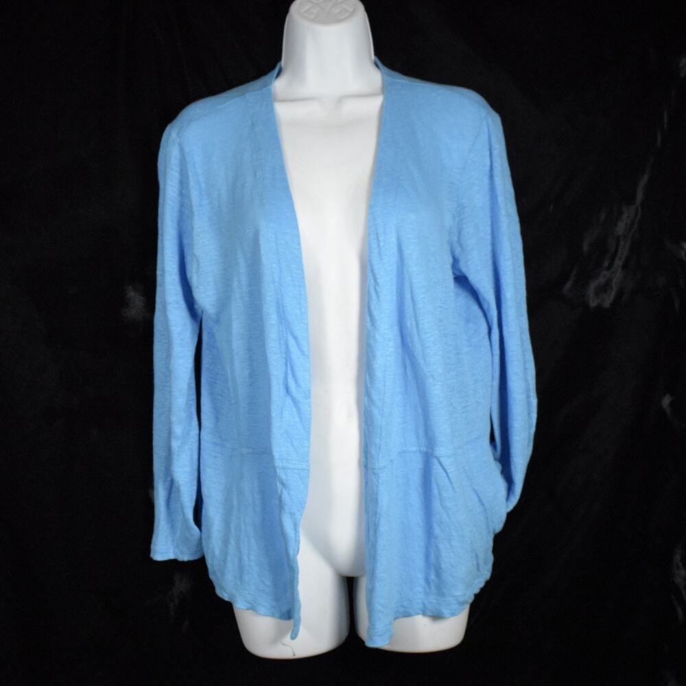 J Jill Love Linen Fine Knit Open Cardigan Sweater Turquoise Lightweight Career M